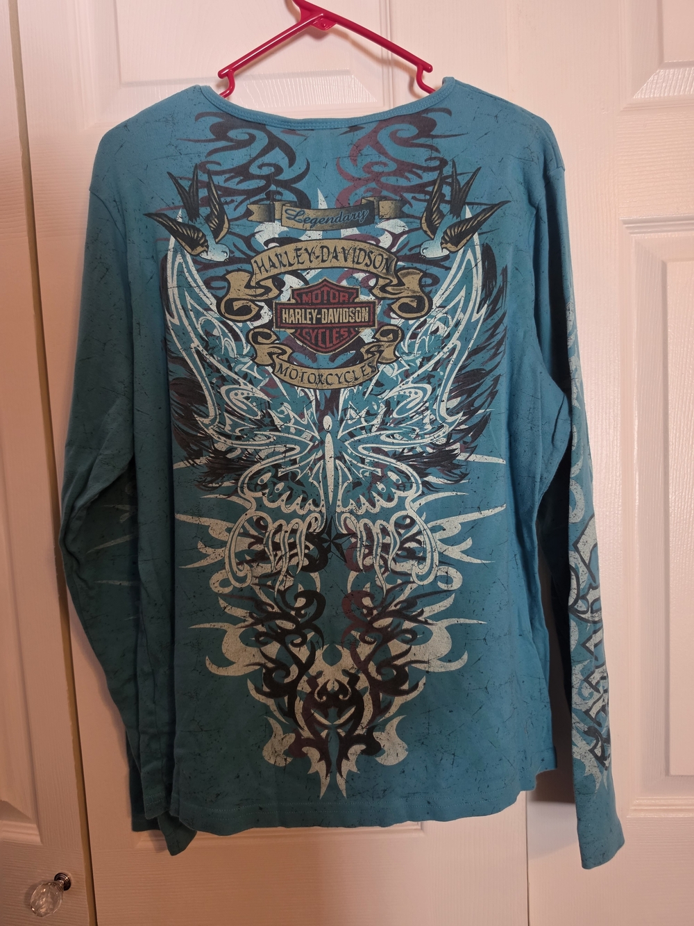 Vintage Y2k Harley-Davidson Women's Teal Graphic Long-Sleeve Tee - Picture 2 of 6